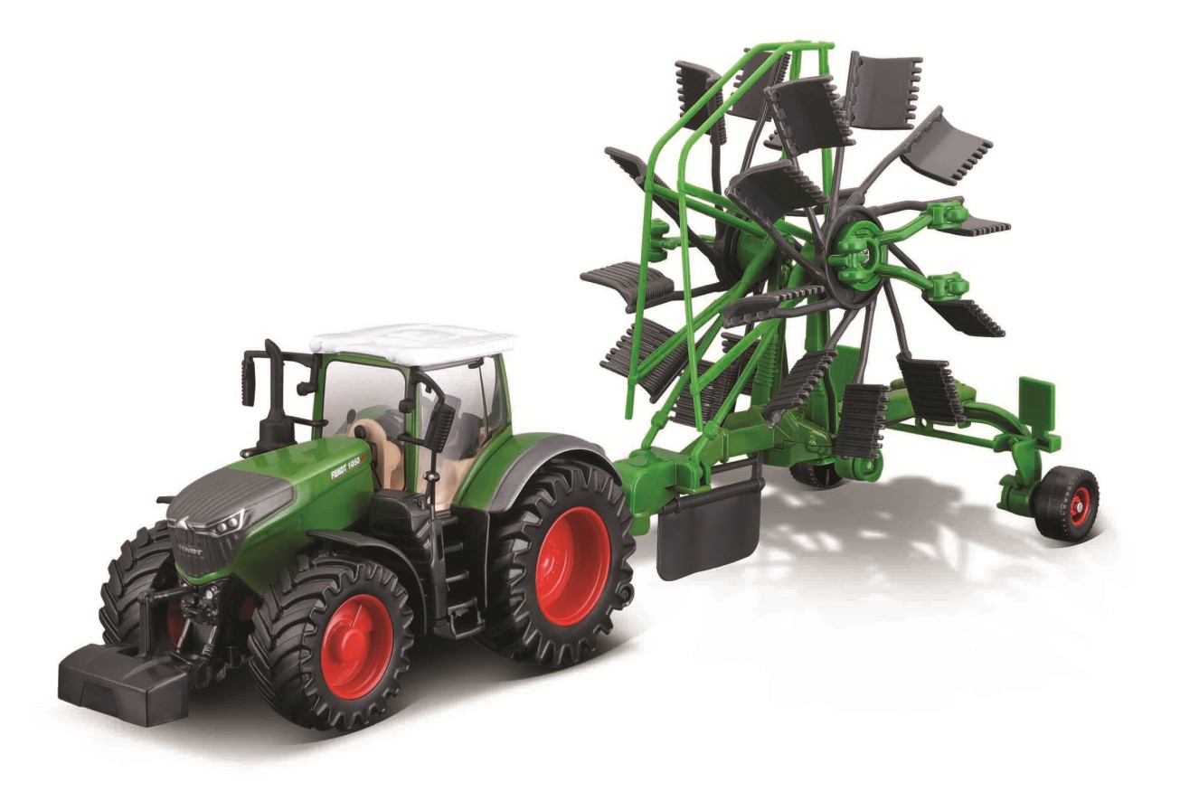 Bburago 18-31665 Traktor Fendt mit Heuwender 10 cm Schwungrad NEU