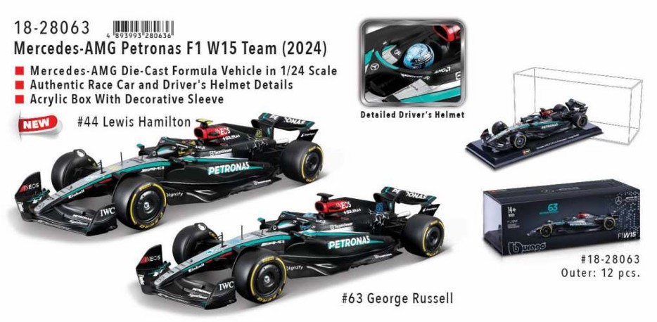 Bburago 18-28063 F1 Mercedes AMG W15 E ´24, mit Helm, Hardcase #63 Russell