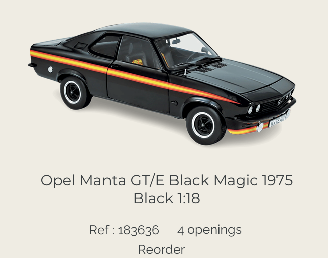 Norev 183636 Opel Manta GT/E Black Magic 1975 Black 1:18 (Reprod 2026)