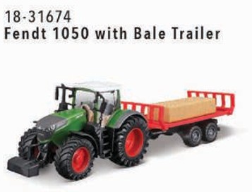 Bburago 18-31674 Farmland FENDT 10cm, mit Heuballen-Transporter, Schwungrad