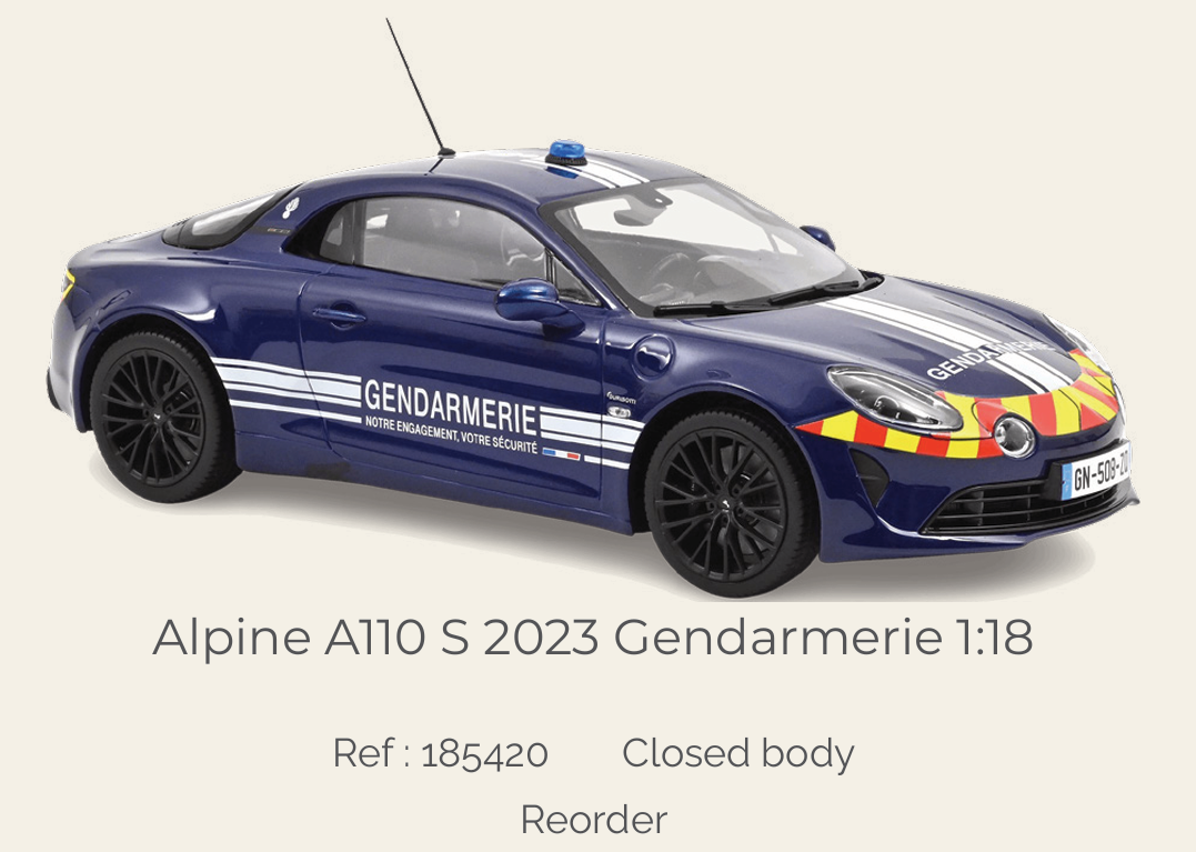 Norev 185420 Alpine A110 S 2023 Gendarmerie 1:18 (Reprod 2027)
