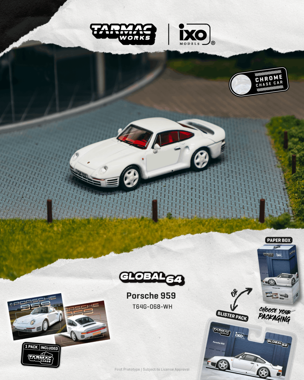 Tarmac Works T64G-068-WH 1:64 PORSCHE 959 WHITE 1989 With trading Card combo set