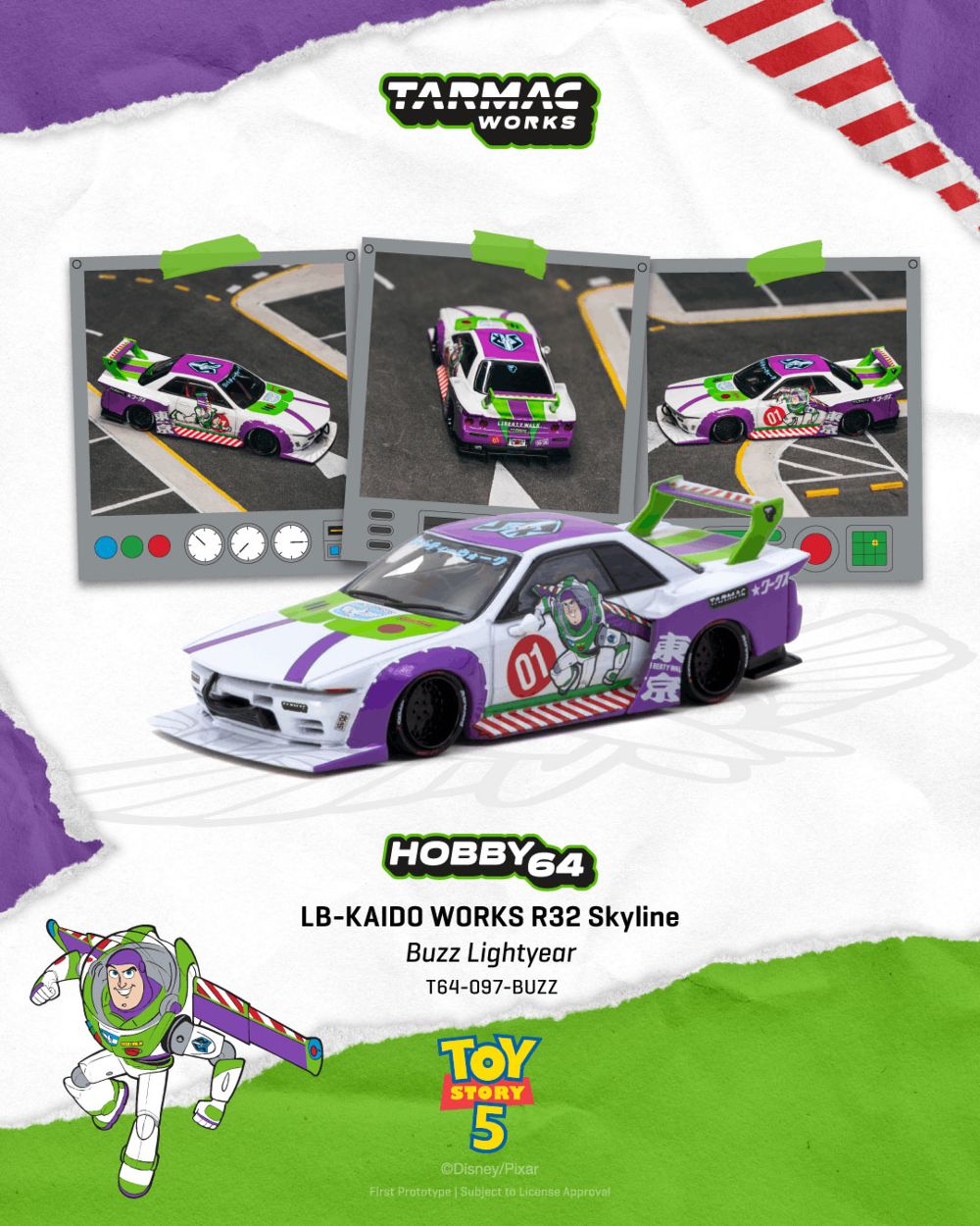 Tarmac Works T64-097-BUZZ 1/64 LB-KAIDO WORKS R32 Skyline Buzz Lightyear