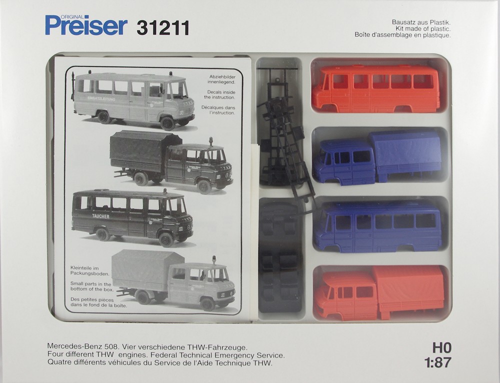 Preiser 31211 Vier verschiedene THW-Fahrzeuge