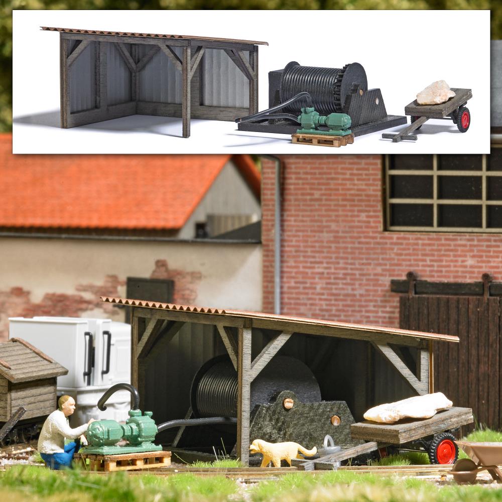 Busch 1977 Wasserpumpe/Winde/Wagen 1:87 Spur H0 Bausatz