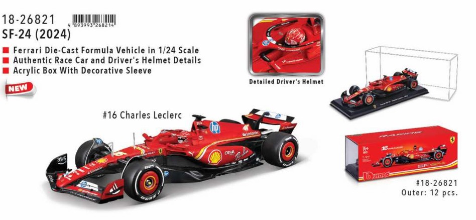 Bburago 18-26821 F1 Ferrari SF24 ´24, mit Helm, Hardcase #16 Leclerc