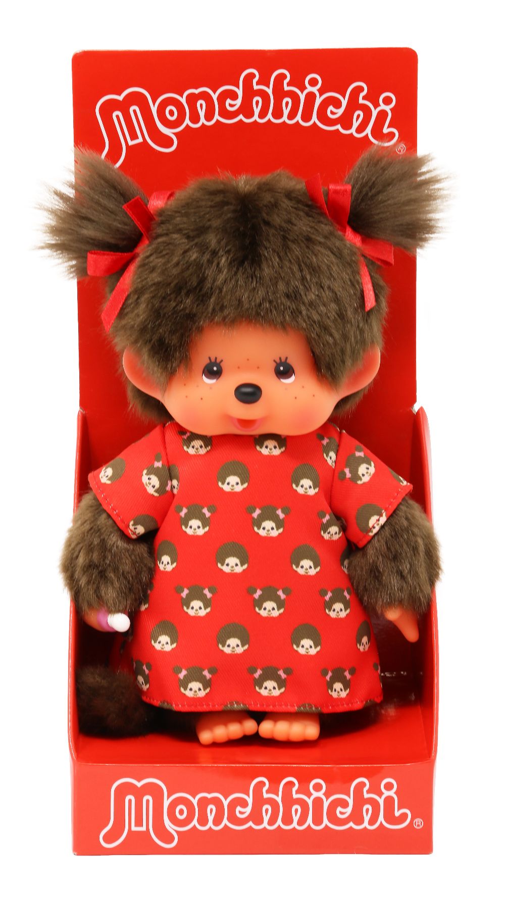 Monchhichi 221295 Plüschfigur Mädchen im Kleid rot/braun 20 cm Stoff NEU