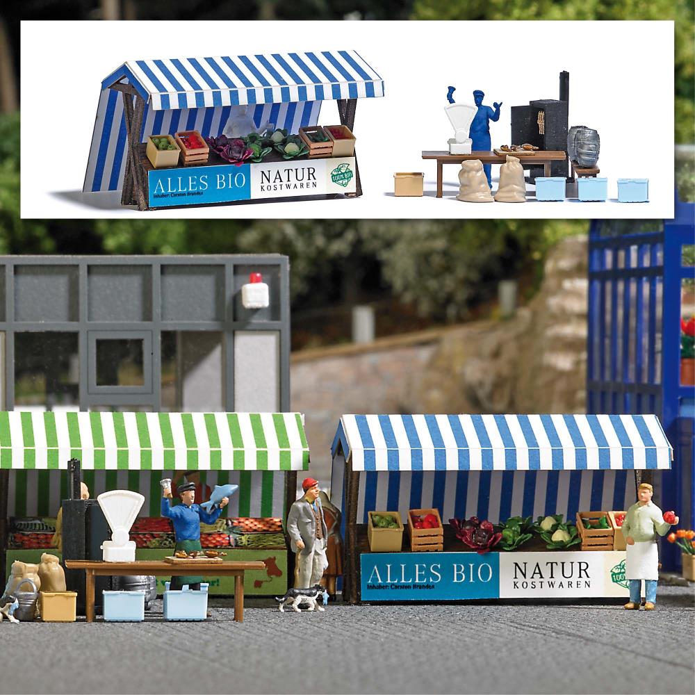 Busch 1823 Marktstände Bio Gemüse Räucherfisch 1:87 Spur H0 Neu