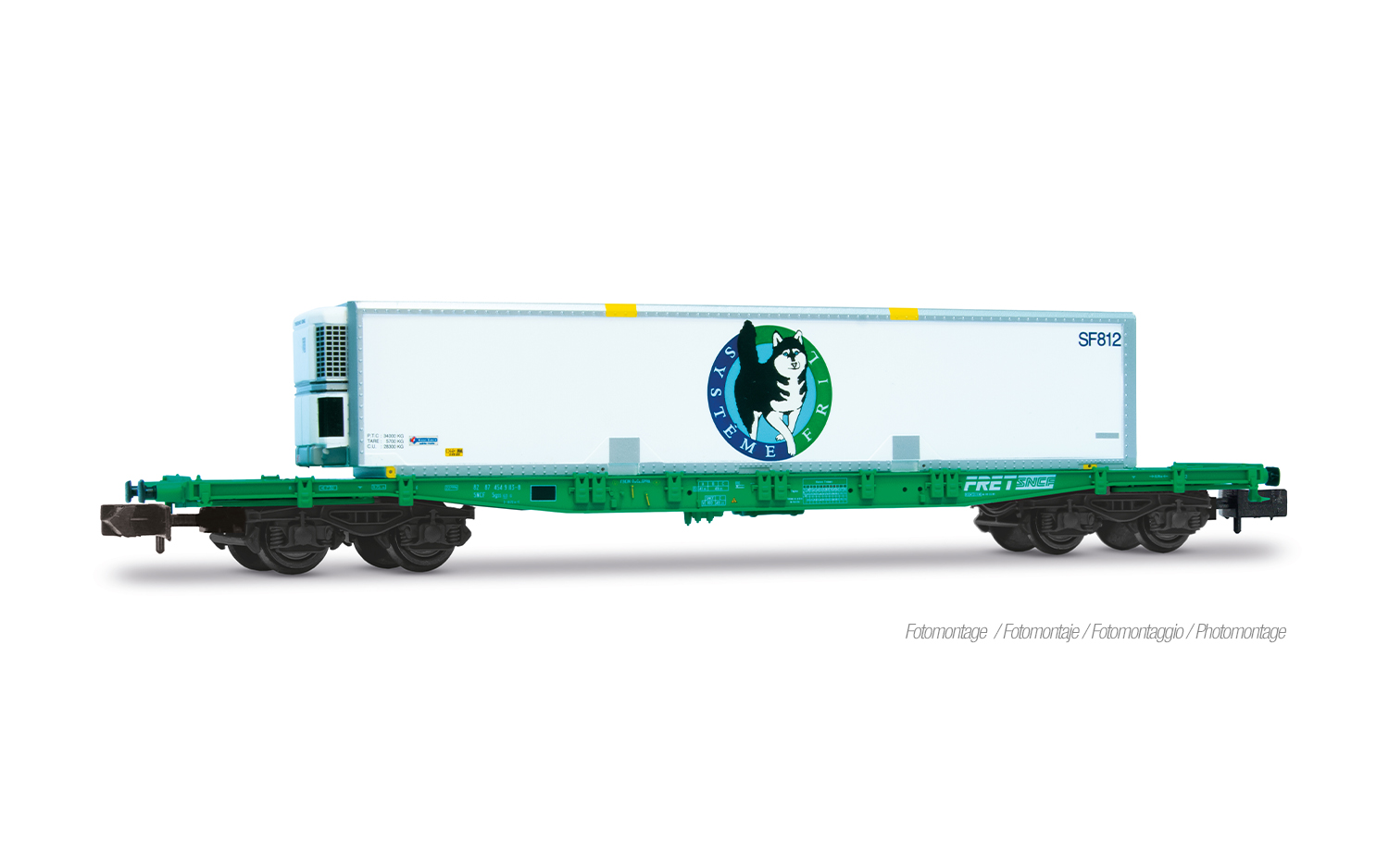 Arnold HN6726 SNCF, Containerwagen S70, grüne Farbgebung, beladen mit Kühl