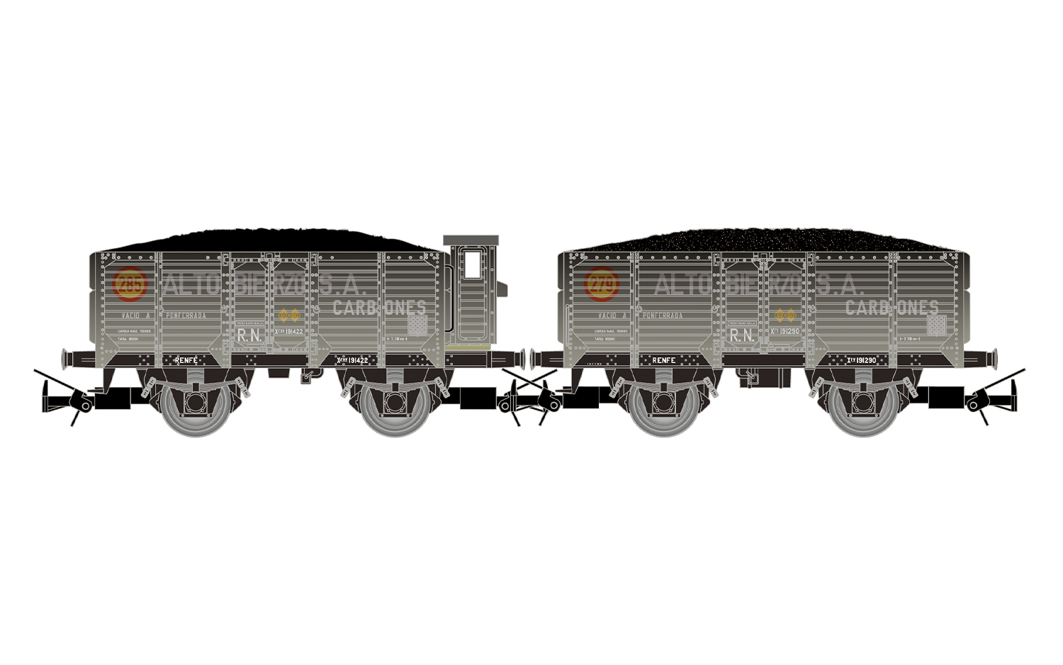 Electrotren HE6094 RENFE, 2-tlg. Set 2-achs. offener Güterwagen, beladen mit Ko