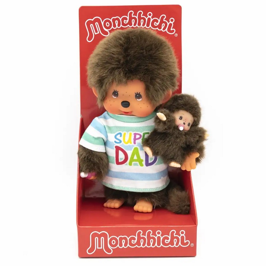 Monchhichi 220960 Plüschfigur Vater mit Kind blau/braun 20 cm Stoff NEU
