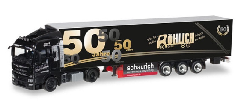 Herpa 305389 MAN TGX XLX Euro 6 Kühlkoffer-Sattelzug 50 Jahre Röhlich 1:8