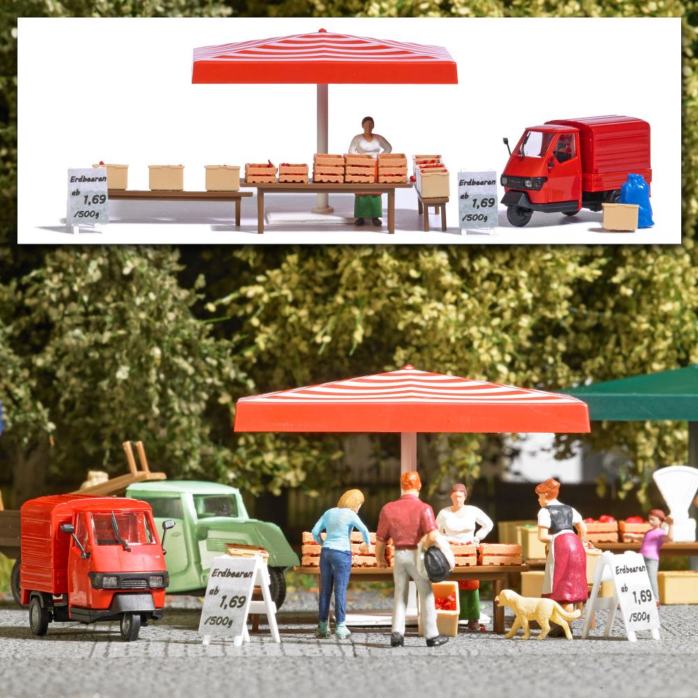 Busch 7913 Action Set Marktstand Erdbeeren 1:87 Spur H0 Neu