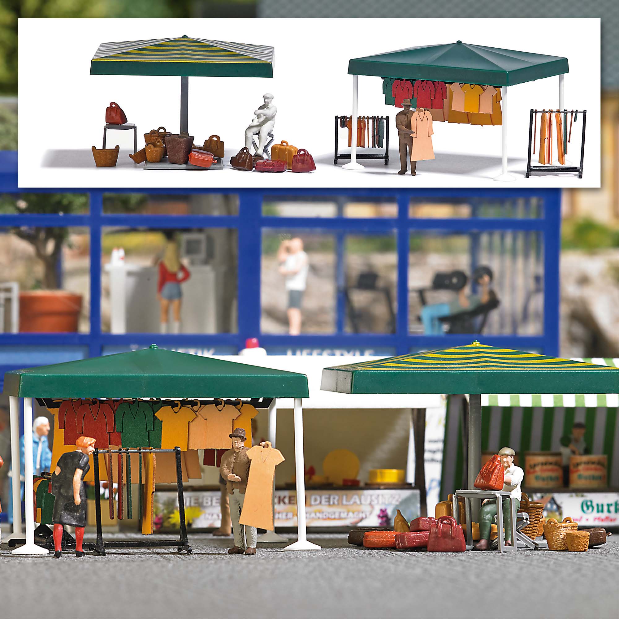 Busch 1825 Marktstände Kleidung Koffer Körbe 1:87 Spur H0 Neu