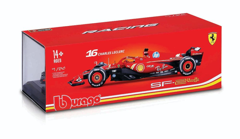 Bburago 18-26821 F1 Ferrari SF24 2024 #16 Leclerc mit Helm Hardcase 1:24