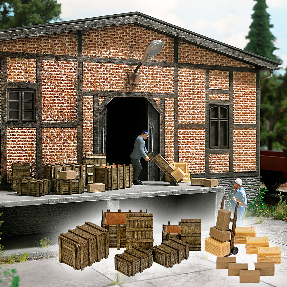 Busch 10260 Holzkisten, Pakete & Sackkarre 1:45 Spur 0 Bausatz