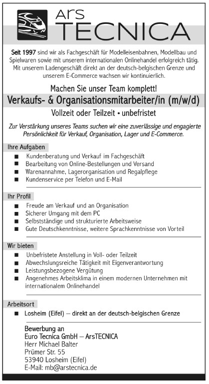 Stellenangebot Verkaufs- und Organisationsmitarbeiter (m/w/d) bei ArsTECNICA in Losheim