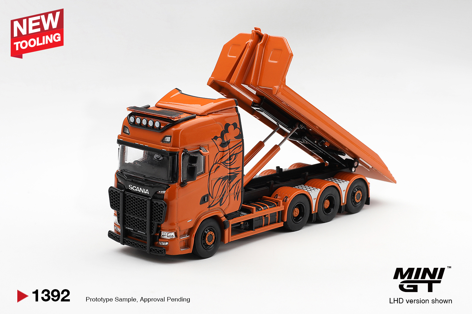 Mini GT 1392 1:64 SCANIA 770S B8X4NA HOOKLIFT FLATBED ORANGE 2025