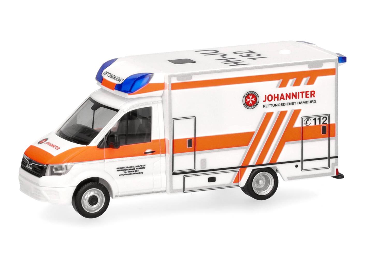 Herpa 098182 MAN TGE Fahrtec RTW Johanniter Hamburg 1:87 Neu
