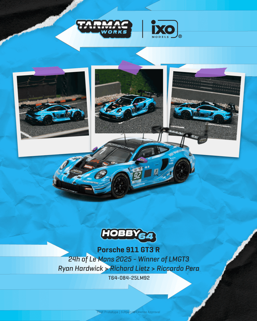 Tarmac Works T64-084-25LM92 1:64 PORSCHE 991 (992) GT3 R #92 RYAN HARDWICK