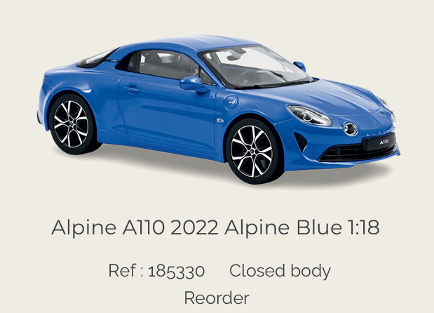 Norev 185330 Alpine A110 2022 Alpine Blue 1:18 (Reprod 2027)