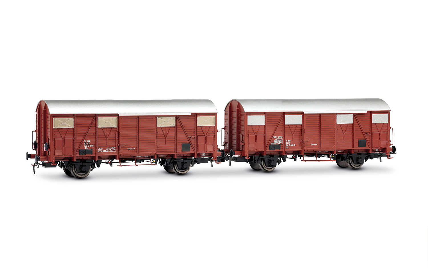 Rivarossi HR6696 FS, 2-tlg. Set gedeckter Güterwagen der Bauart Ghs, braune F