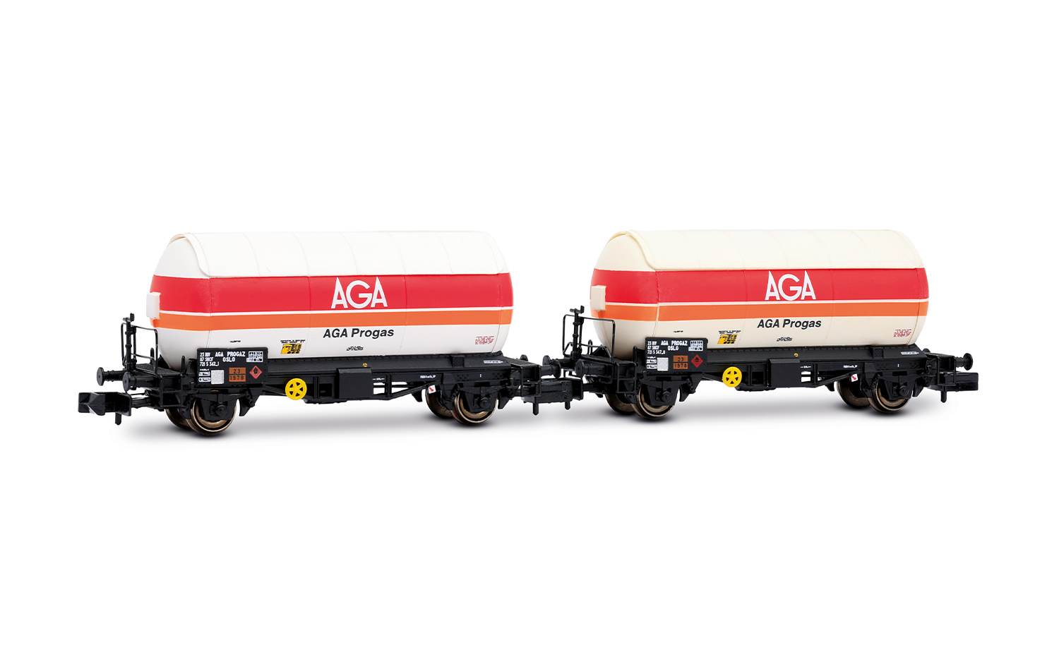 Arnold HN6720 SNCF, 2-tlg. Set 2-achs. Gaskesselwagen, „AGA Progas“, weiße