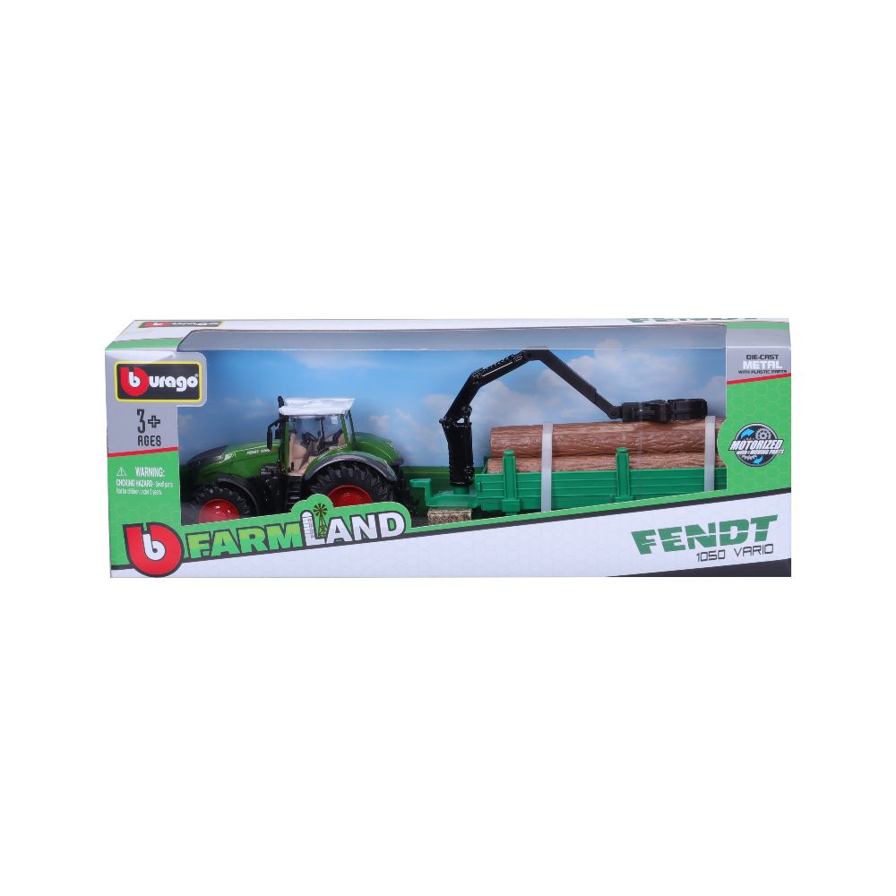 Bburago 18-31677 Traktor Fendt mit Holz-Transporter 10 cm Schwungrad