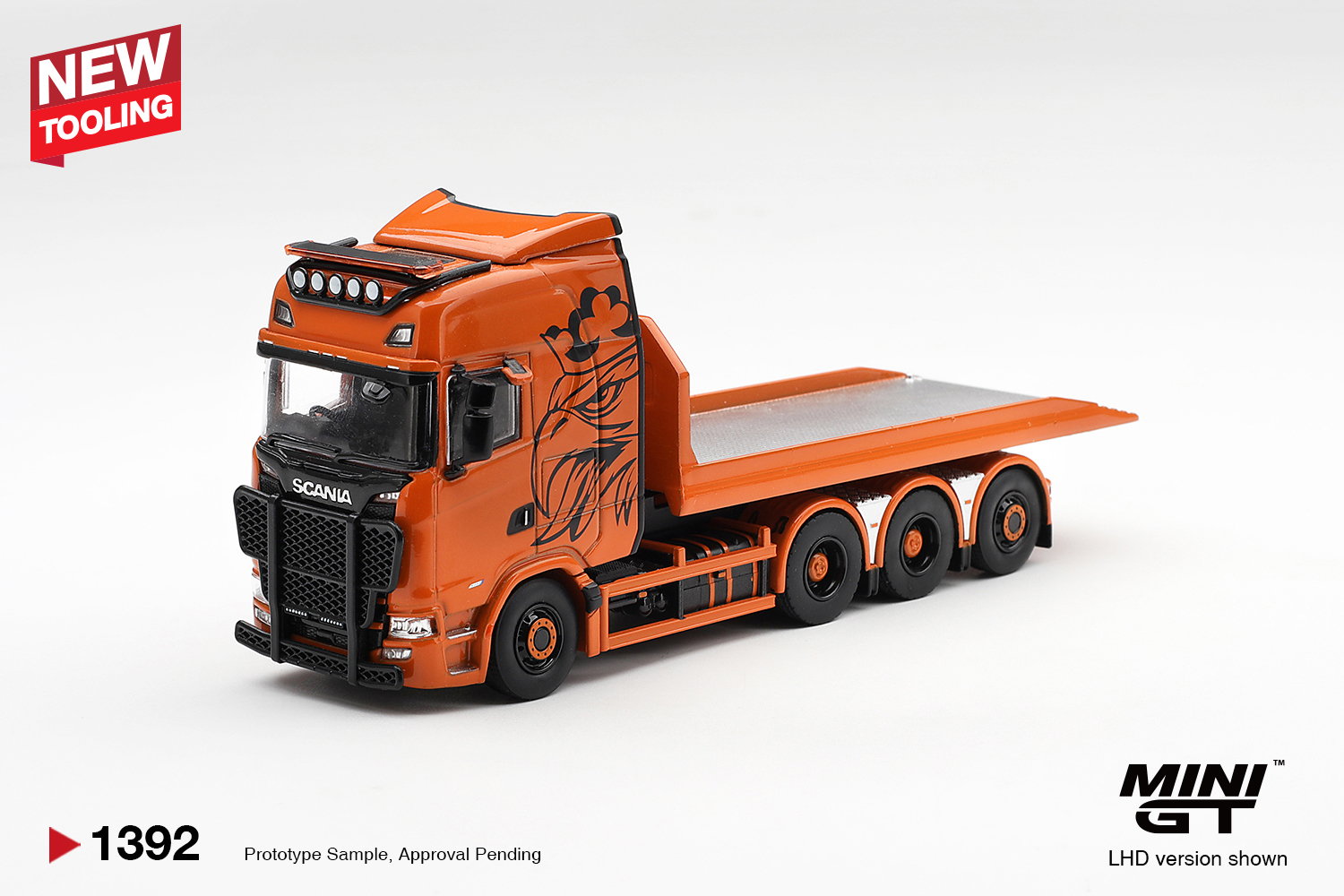 Mini GT 1392 1:64 SCANIA 770S B8X4NA HOOKLIFT FLATBED ORANGE 2025