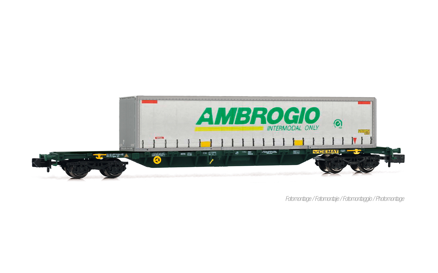 Arnold HN6730 CEMAT, Containerwagen Sgnss, grün, beladen mit „AMBROGIO”-Cu