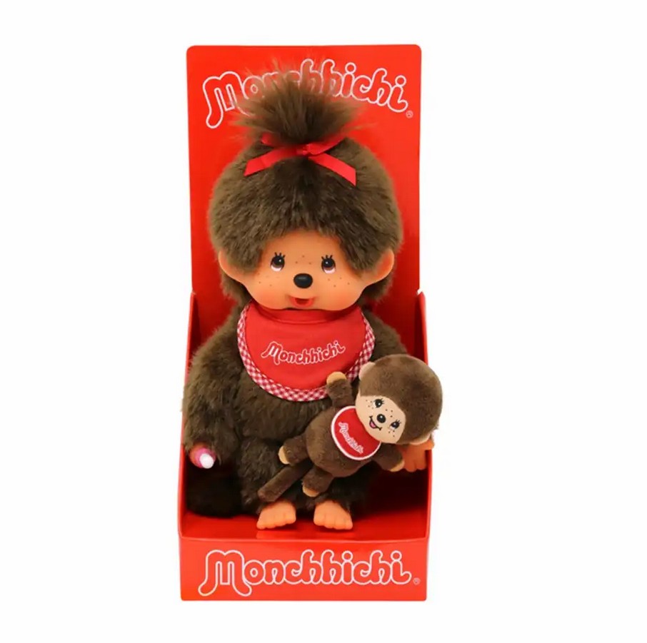 Monchhichi 242184 Plüschfigur Mädchen mit Mini rot/braun 20 cm Stoff NEU