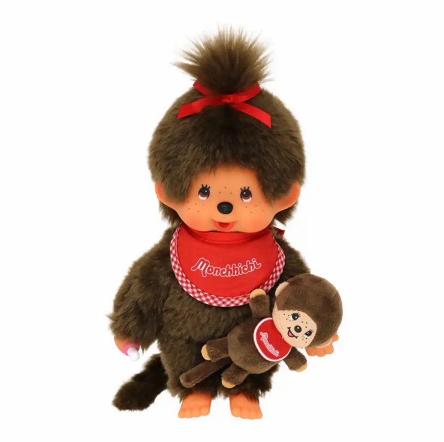 Monchhichi 242184 Plüschfigur Mädchen mit Mini rot/braun 20 cm Stoff NEU