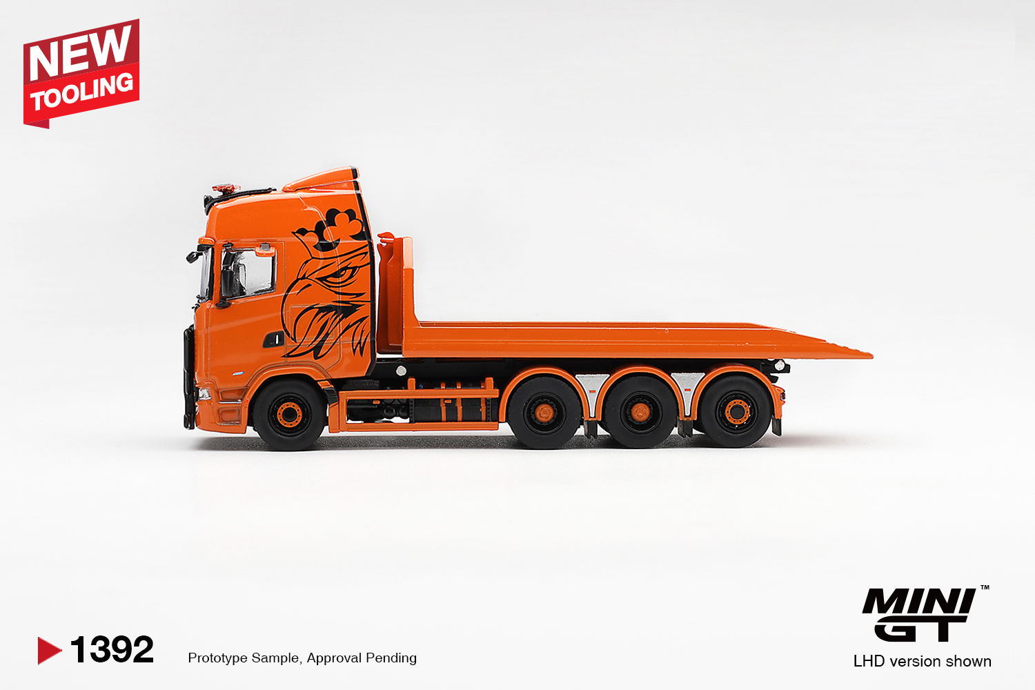 Mini GT 1392 1:64 SCANIA 770S B8X4NA HOOKLIFT FLATBED ORANGE 2025