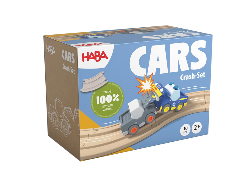 HABA 2013399001 Cars – Crash-Set 8 Schienenelemente 2 Wagen NEU