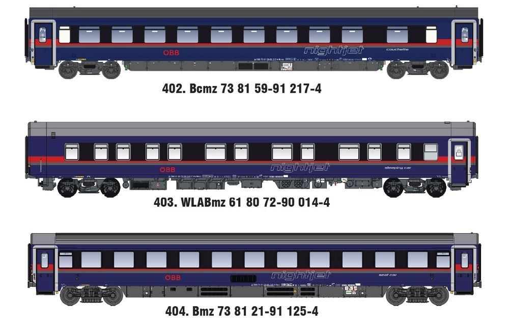 Models World MW2602DC 3er Set Nachtzugwagen ÖBB Nightjet Ep.VI DANI Spur H0