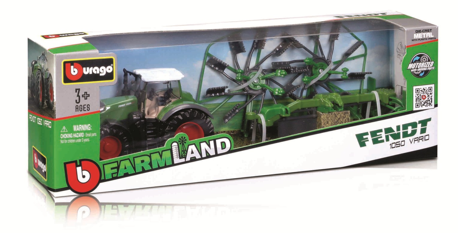 Bburago 18-31665 Traktor Fendt mit Heuwender 10 cm Schwungrad NEU