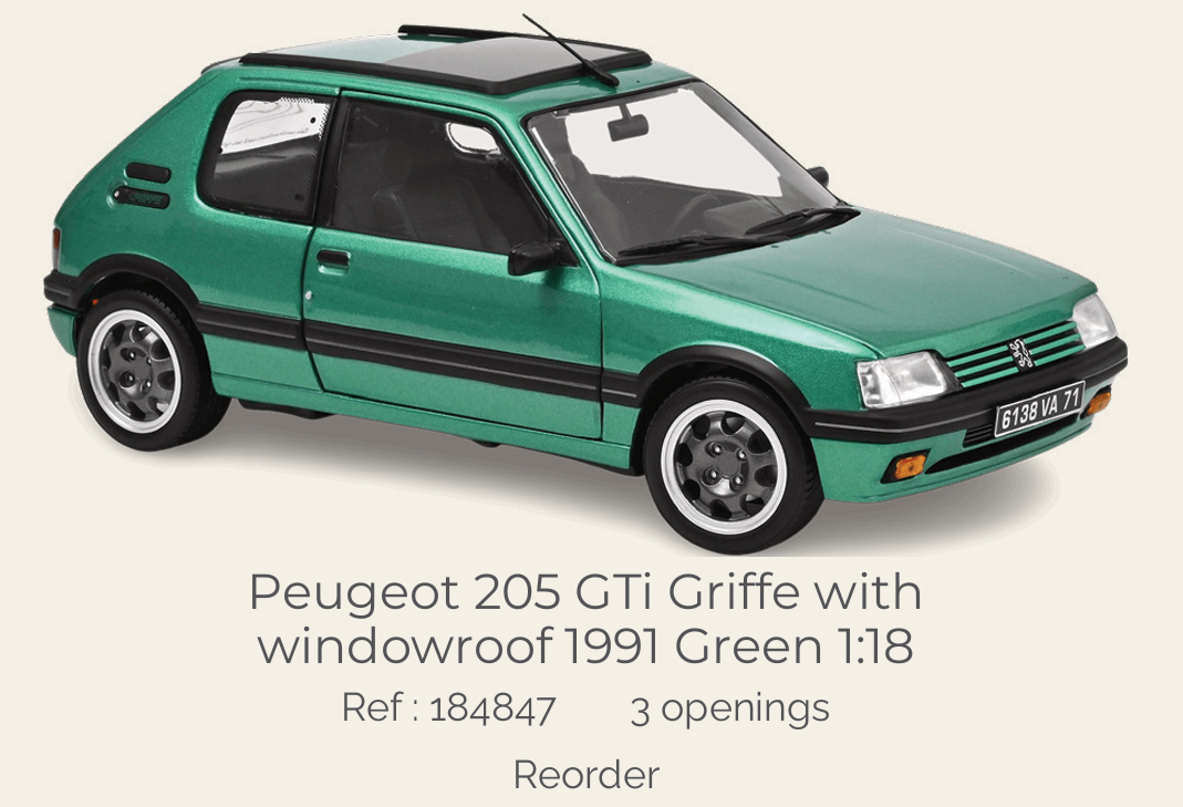 Norev 184847 Peugeot 205 GTi Griffe with windowroof 1991 Green 1:18