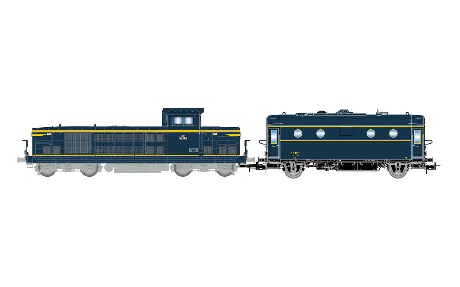Jouef HJ2473S SNCF, Diesellokomotive 040 DG-18, gelb/blau + Heizkesselwage