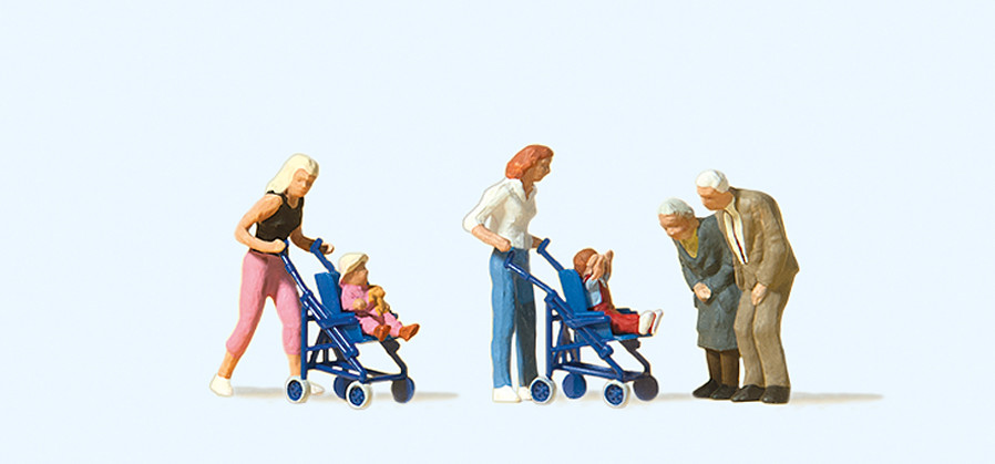 Preiser 10493 Mütter Kinder im Kinderwagen Großeltern 1:87 Spur H0