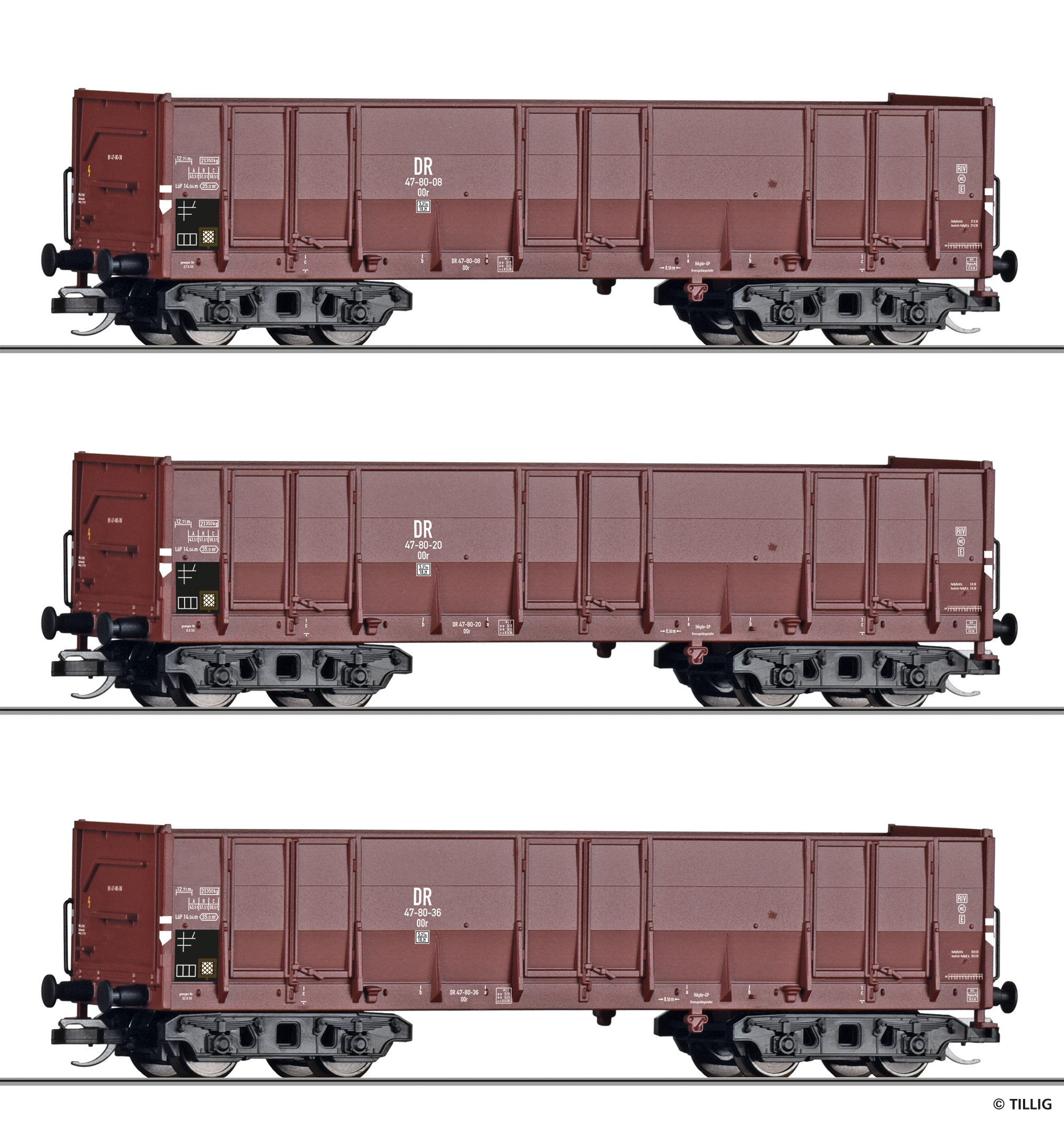 Tillig 01141 Güterwagenset der DR, bestehend aus drei offenen Güterwagen
