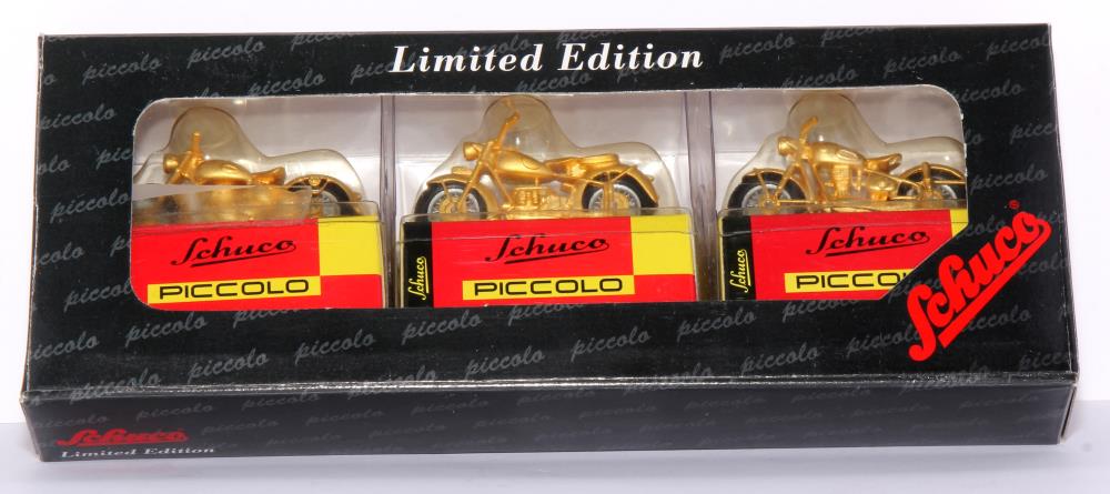 Schuco Piccolo Set Triumpf Boss, Zündapp KS 602, BMW R27, 1:90, gold, OVP