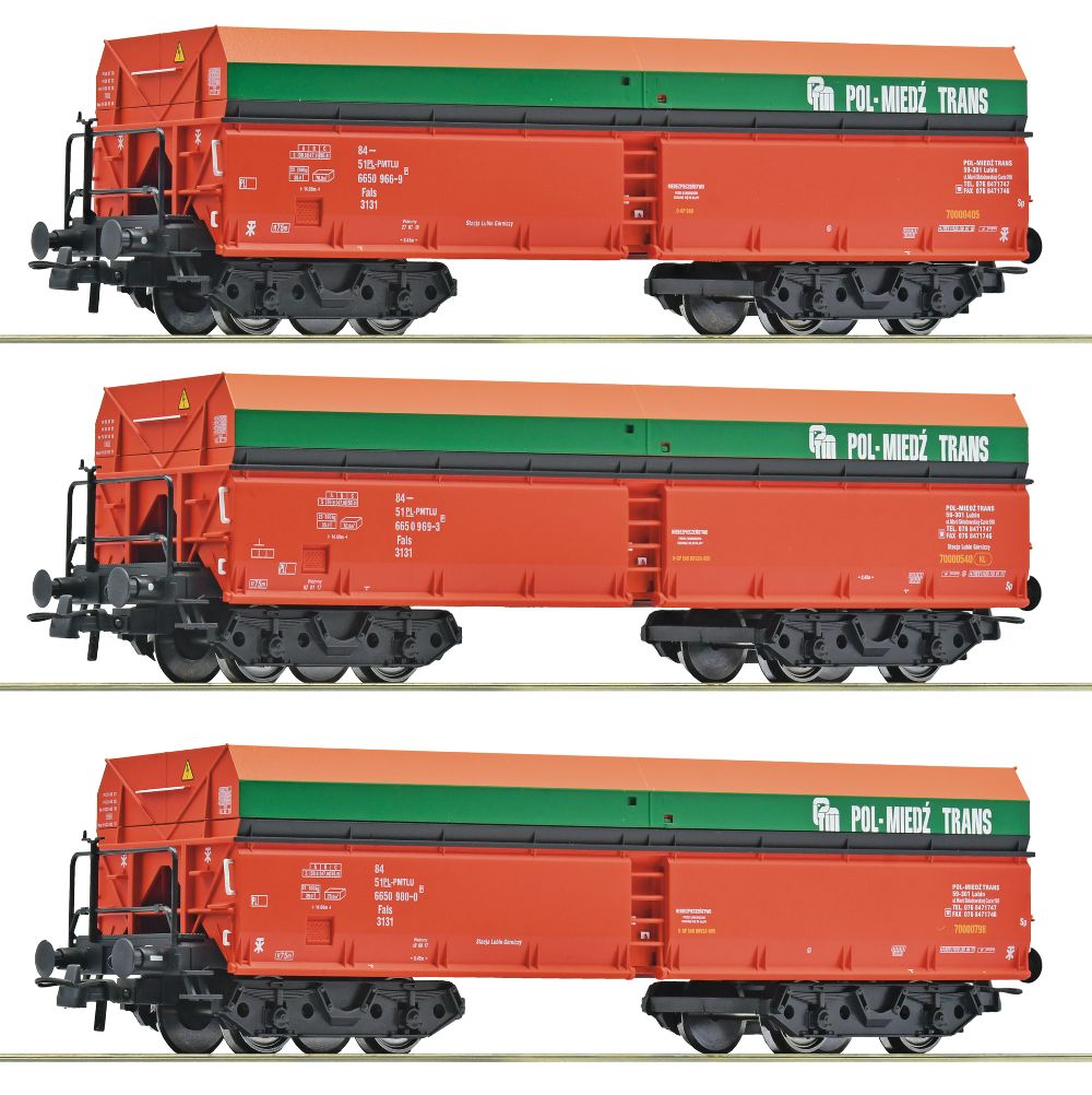 Roco 6600218 3-tlg Set Selbstentladewagen Pol-Miedz Trans Spur H0