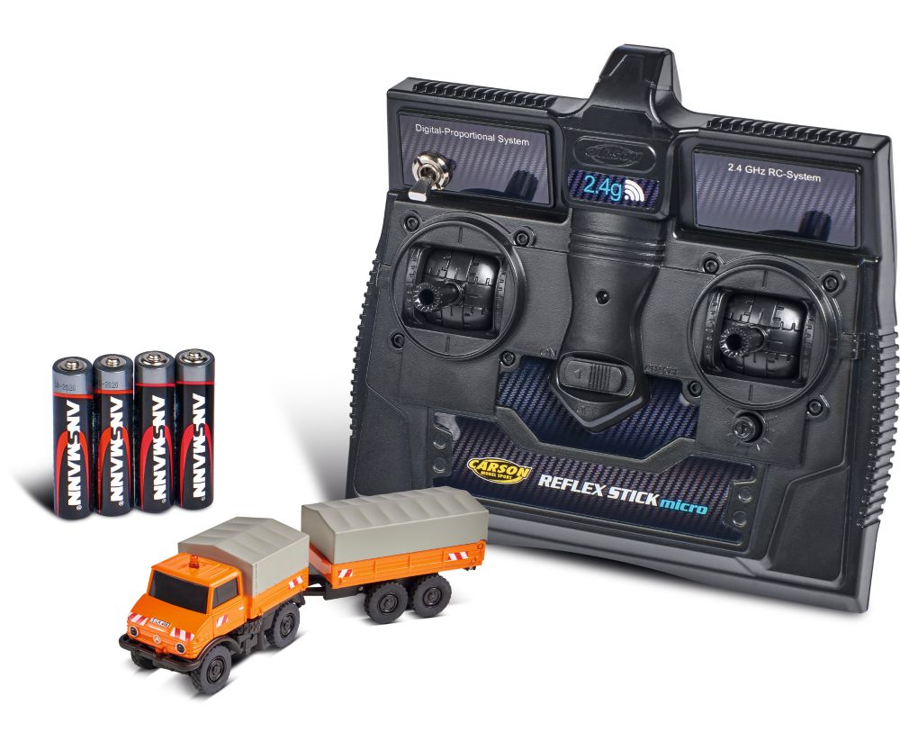 Carson 500504177 MB Unimog U406 mit Hänger 100% RTR orange 1:87