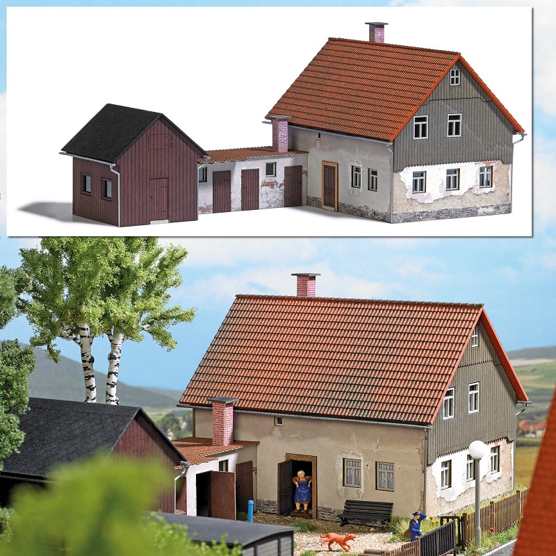 Busch 1909 Wohnhaus mit Anbau - Spur H0 - Bausatz - Neu - OVP