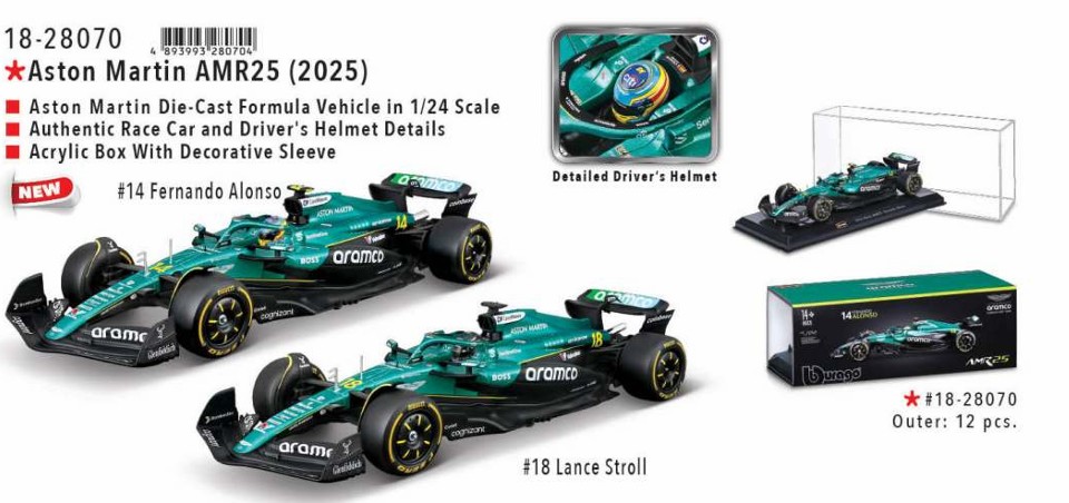 Bburago 18-28070 F1 Aston Martin AMR25 ´25, mit Helm, Hardcase #14 Alonso