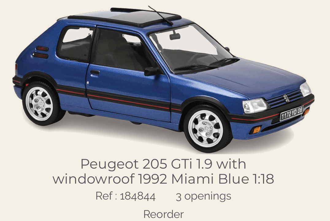 Norev 184844 Peugeot 205 GTi 1.9 with windowroof 1992 Miami Blue 1:18