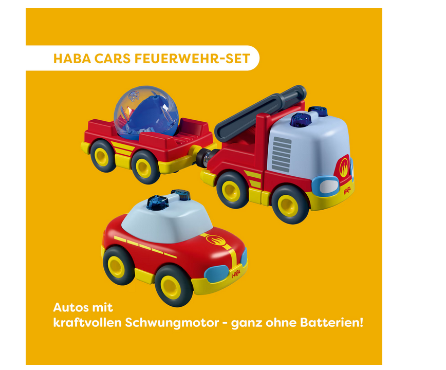 HABA 2013816001 Cars Feuerwehr-Spielset 2 Autos Hänger Wasser-Kugel