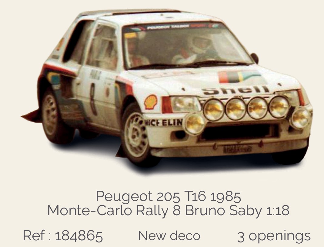 Norev 184865 Peugeot 205 T16 1985 Monte-Carlo Rally 8 Bruno Saby 1:18