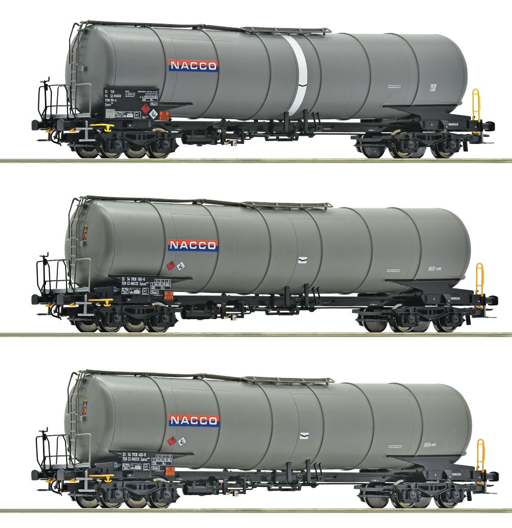 Roco 6600197 3-tlg Set Kesselwagen Gattung Zacns NACCO Spur H0