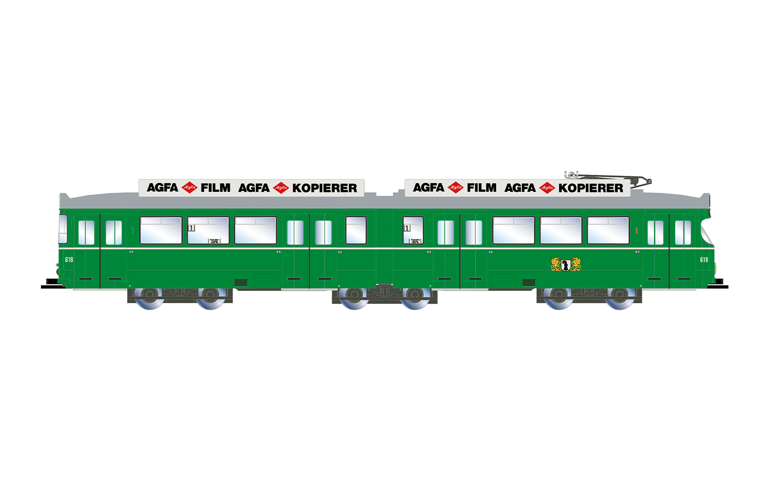 Arnold HN2692 Basel, Duewag-Straßenbahn, grün mit Werbung